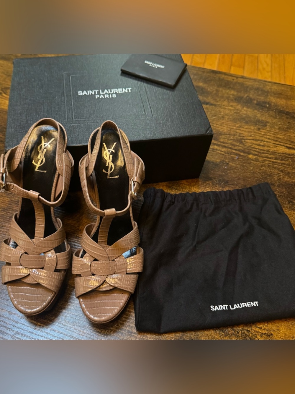 Saint Laurent Tan Croc-Embossed Leather T-Strap Sandals - Picture 2 of 16